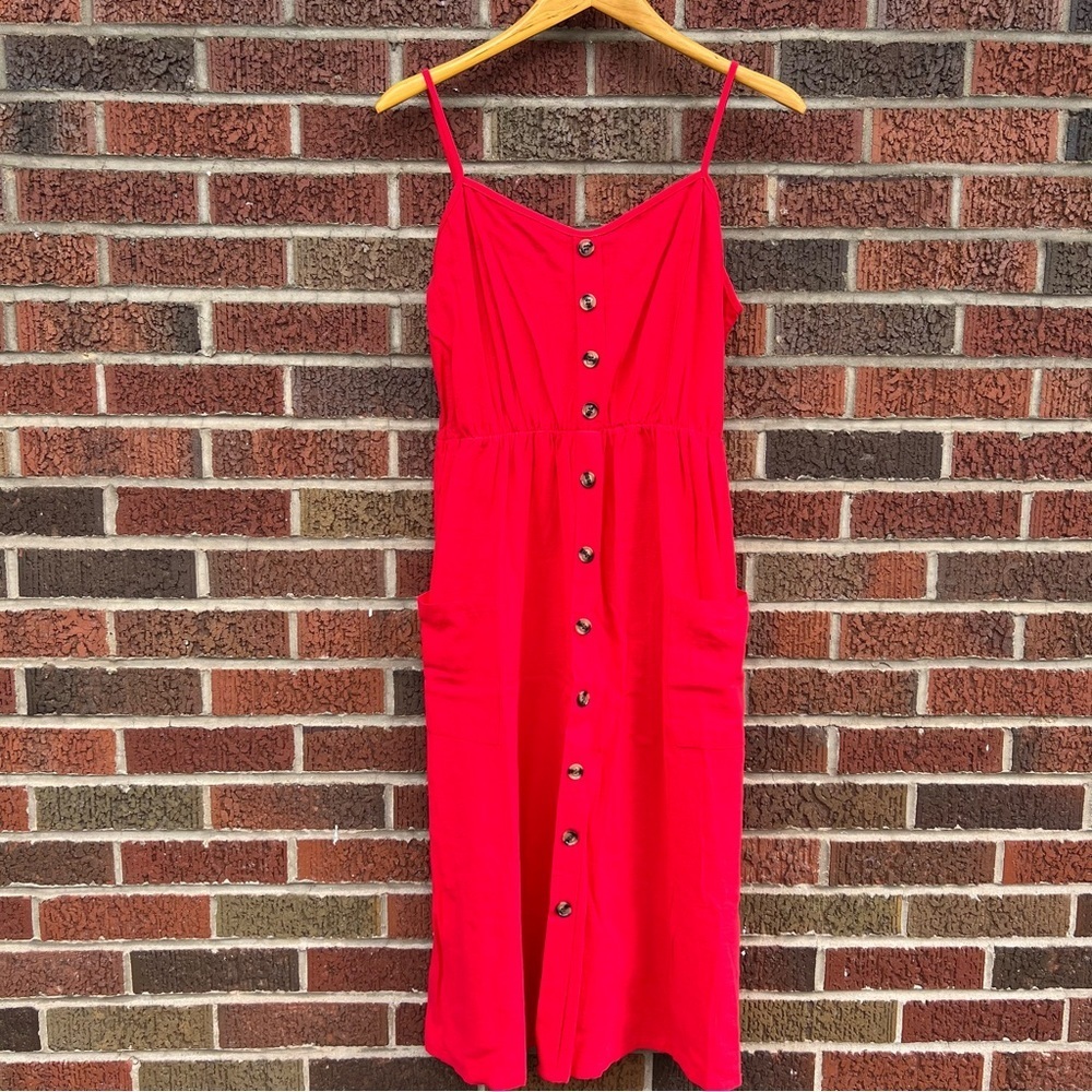 SHEIN Red Brown Button Midi Pocket Spaghetti Strap Sun Dress